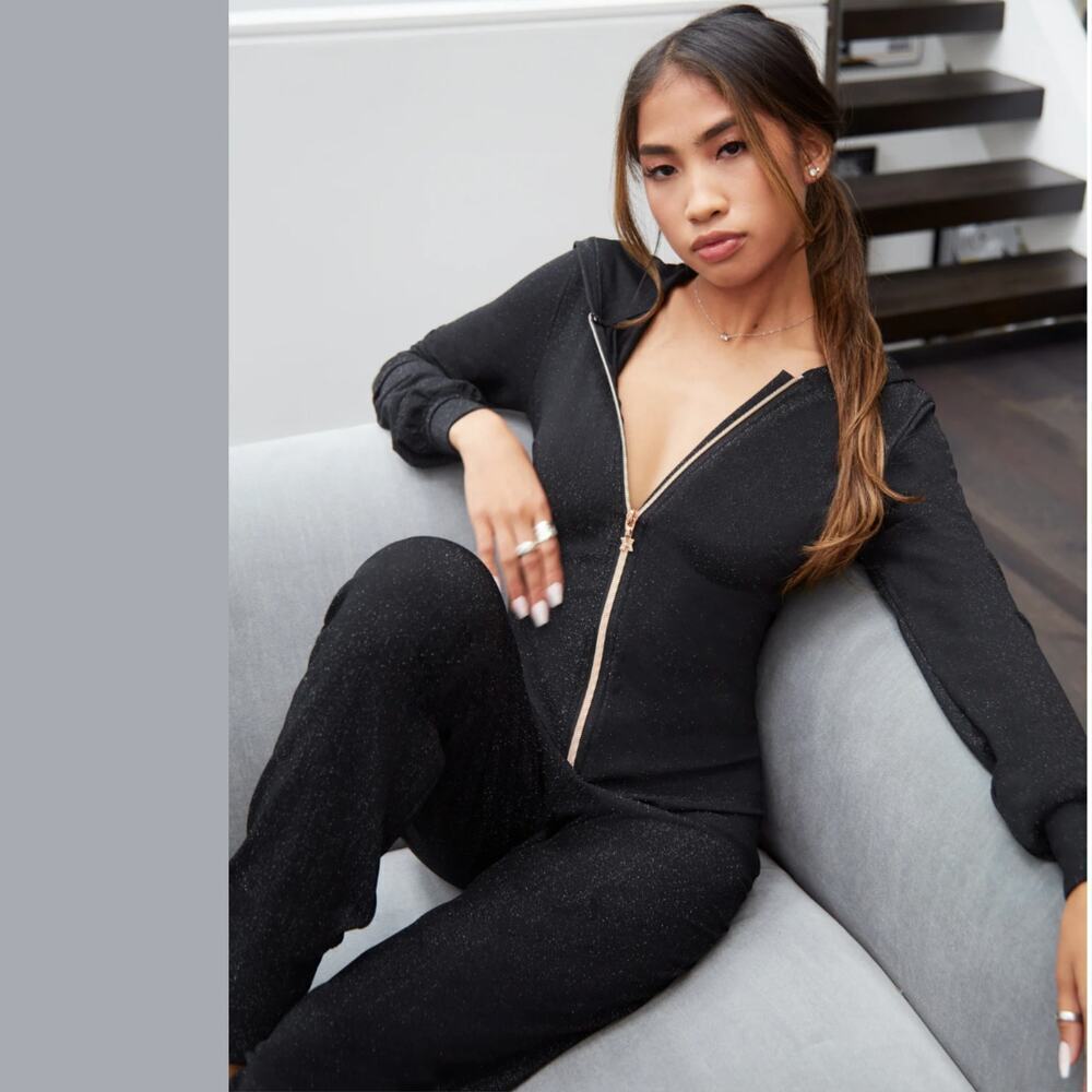 Savage X Fenty 3X Sleep & Shine Jumpsuit | Hooded Gold Zip Black Caviar Sold Out